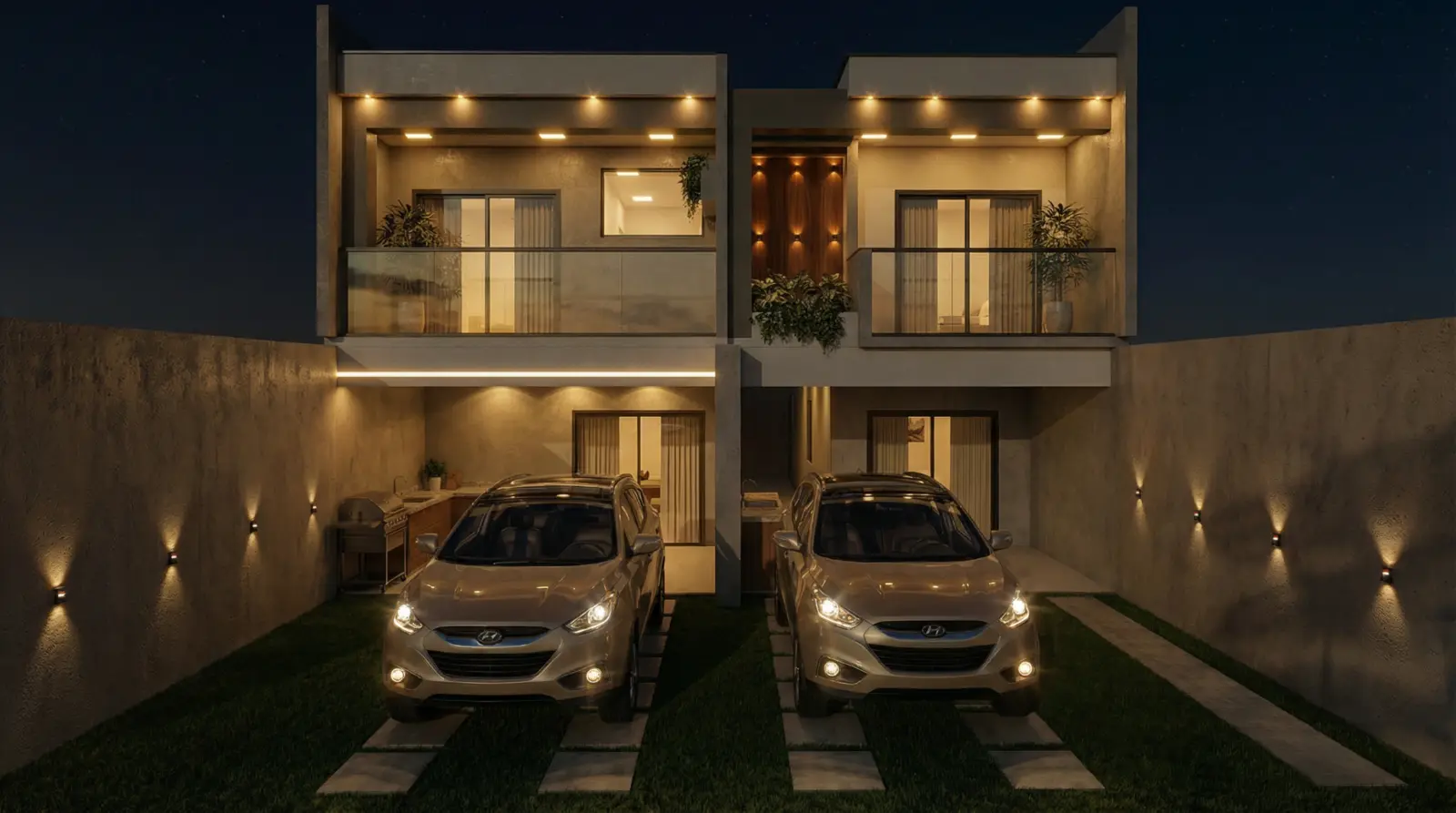 Projeto residencial com iluminação noturna
